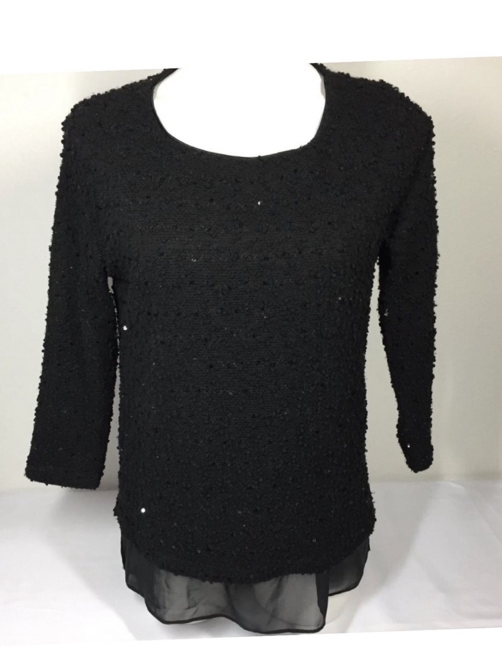 Joseph Ribkoff Size 12 Black Sweater with Sequins and Chiffon Hem